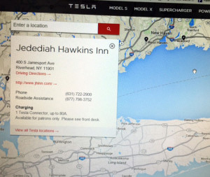 Tesla Destination Charger 4 Tesla map of charging stations, showing Jedediah Hawkins Inn