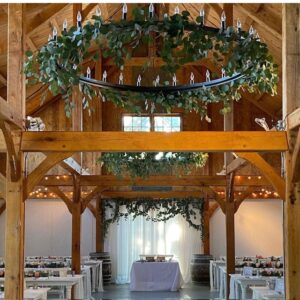 Rustic Romance: North Fork Barn Wedding 3 Wood ceiling and chandeliers at the Barn at Jedediah Hawkins Inn
